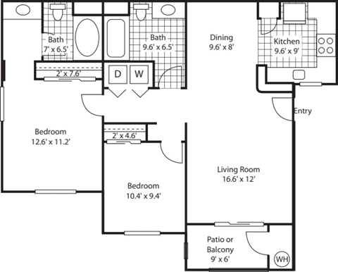 Floor plan for 2 beds, 2 baths, 948 sqft